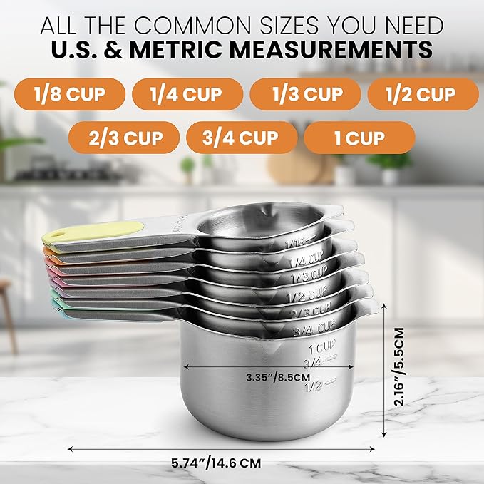 Spring Chef Magnetic Stainless Steel Measuring Cups (Patent Pending), Kitchen Tools with Easy to Read Markings for Measuring Dry or Liquid Ingredients, Set of 7, Pastel