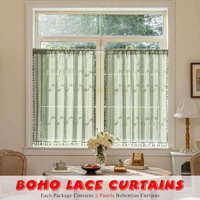 Sutuo Home Sage Green Lace Boho Curtains Drape 2 Panels 45 Inch Length | Semi - Image 2