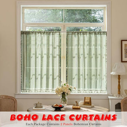 Sutuo Home Sage Green Lace Boho Curtains Drape 2 Panels 45 Inch Length | Semi - Image 2