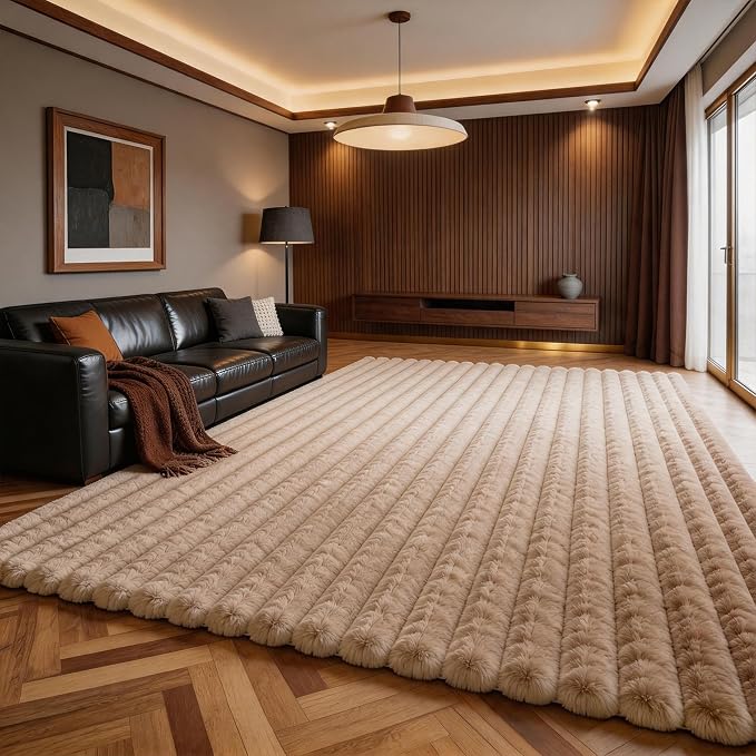 Coffee Rabbit Striped Plush Rug 6'x9', Fluffy Shaggy Area Rug by CHOVY