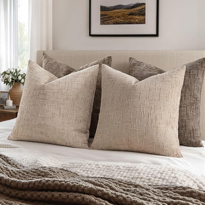 MIULEE Chenille Textured Throw Pillow Covers Oatmeal 16x16 Set of 2 | Slubby - Image 4