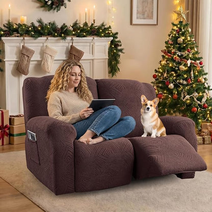 Recliner Loveseat Covers, 4-Piece Stretch Geometric Strokes Jacquard Reclining - Image 5