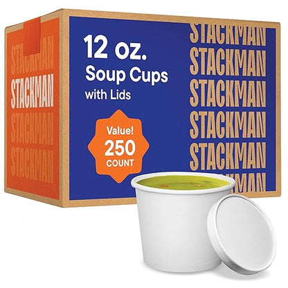 Stack Man Paper Food Container with Lid, Insulated Food Cups with Vented Lids - Hot or Cold To Go Soup Cup, for Soups, Ice Cream and Yogurt - Eco-Friendly - White