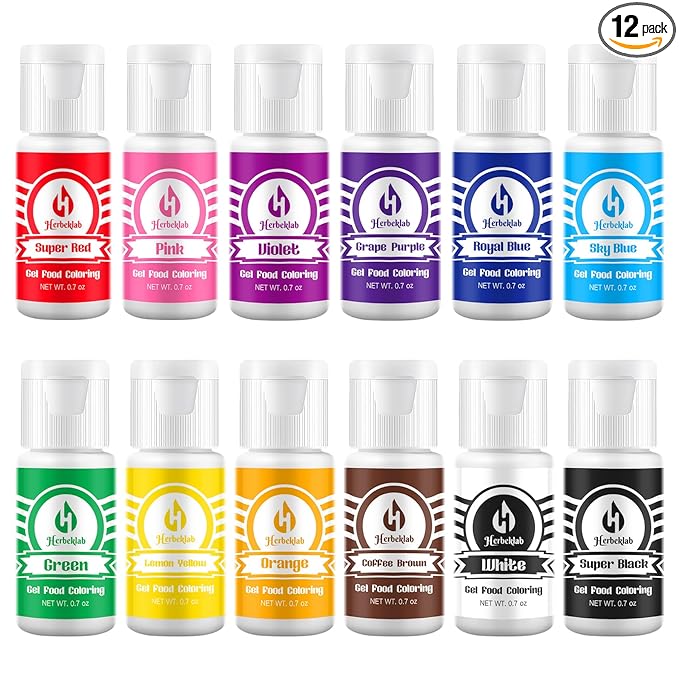 Gel Food Coloring 12 Colors x 0.7 oz Herbeklab Concentrated Gel Based Food Dye Vibrant Icing Colors Neon Food Coloring for Baking Cake Decorating Cookies Fondant