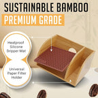 HEXNUB Caddy and Lid for Pour Over Coffee Maker, Bamboo Stand fits Chemex, Bodum, Cosori Carafes, Heatproof Mat, Filter Holder for Drip Coffee Maker - Brown Mat