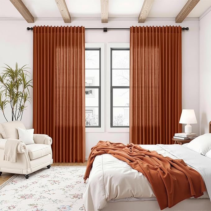 Extra Wide Terracotta Curtains for Living Room 96 Inches Long Back Tab and Rod - Image 8