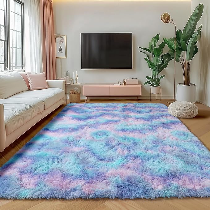 Rainbow Rugs for Girls Bedroom, 5x8 Fluffy Bedside Throw Area Rug, Soft Plush - Image 3