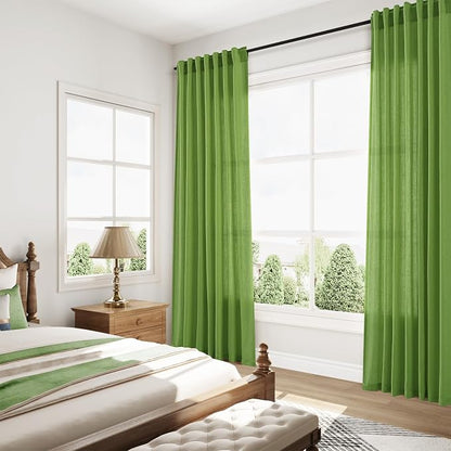 Lime Green Linen Blend Light Filtering Back Tab Curtains 102 Inches Long - Image 8