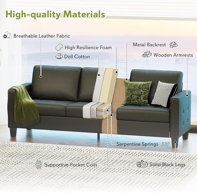 STHOUYN Black Faux Leather 3 Seater Sofa and Accent Chair Set of 2, Modern - Image 3