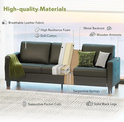 STHOUYN 73” Black Faux Leather Sofa Couch, Modern Comfy Office 3 Seater Couch - Image 3