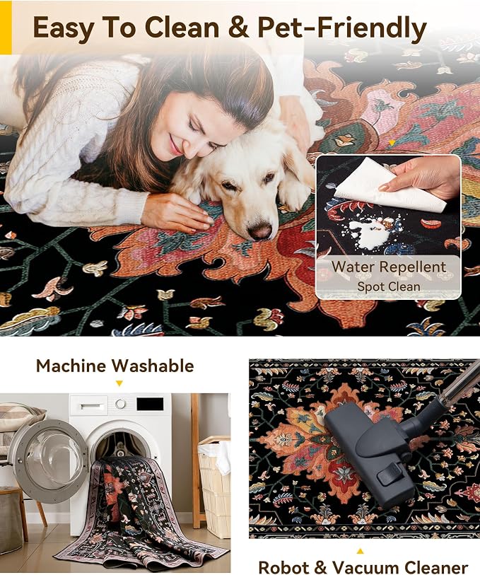 RELEANY Washable Area Rug, Water Repellent, Pet Friendly, Vintage Floral Boho - Image 5