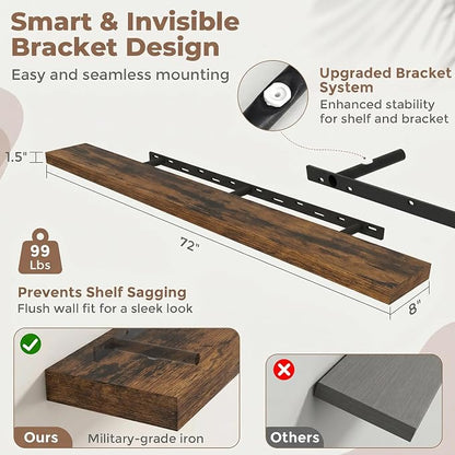 FLYJOE Floating Shelves for Wall, 72 Inch Floating Shelves Set of 2, Kitchen - Image 2