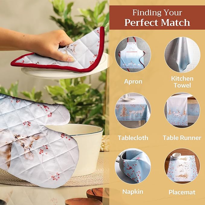 Maison d' Hermine 100% Cotton Oven Mitt & Pot Holder Set (7.5"x13" & 8"x8") Heat Resistant BBQ Cooking Gloves with Loop, Baking, Grilling, Kitchen, Handling Hot Pans (Fairytale Forest)