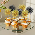 Chinco 100 Pcs Foil Firework Cupcake Toppers Sparkle Tinsel Cake Toppers Cake Decoration Cocktail Fruit Toothpick for Birthday Wedding Graduation Party(Black, Gold)