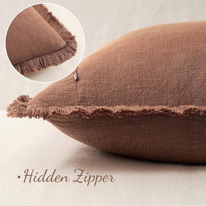 MIULEE Boho Linen Fringe Decorative Fall Throw Pillow Covers Brick 20x20 | Set - Image 3