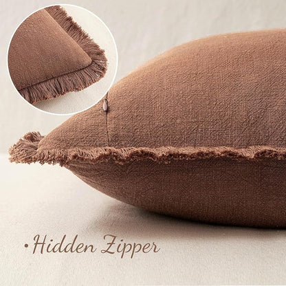 MIULEE Boho Linen Fringe Decorative Fall Throw Pillow Covers Brick 20x20 | Set - Image 3
