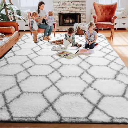 5x7 Area Rugs for Living Room Bedroom, Fluffy White and Grey Geometric Rug | - Image 8