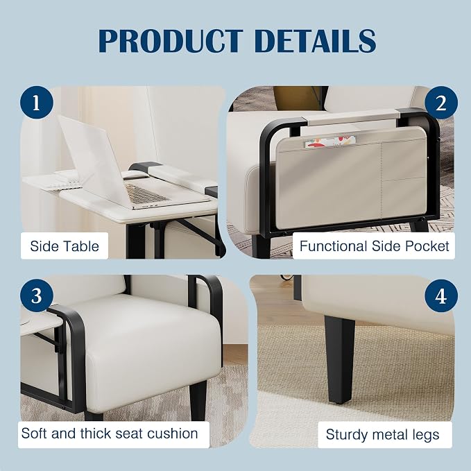 Andeworld Modern Beige Accent Chair Set of 2, PU Leather Upholstered Armchair - Image 5