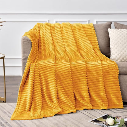 BEDELITE Ribbed Mustard Yellow Fleece Throw Blanket - Image 3