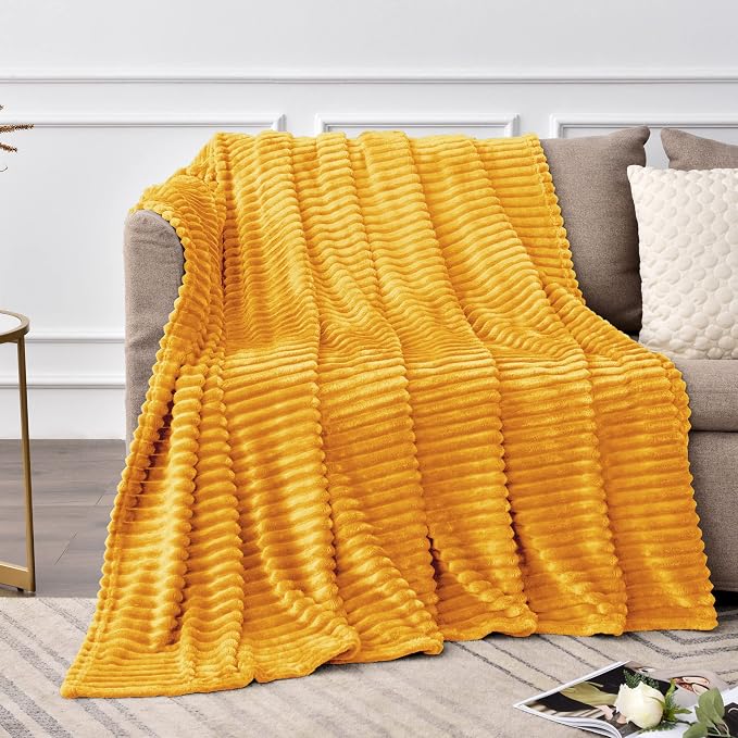 BEDELITE Ribbed Mustard Yellow Fleece Throw Blanket - Image 2