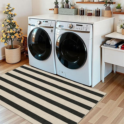 Black and White Striped Entry Rug, 3x5 Non-Slip Indoor Outdoor Rugs | Washable - Image 9