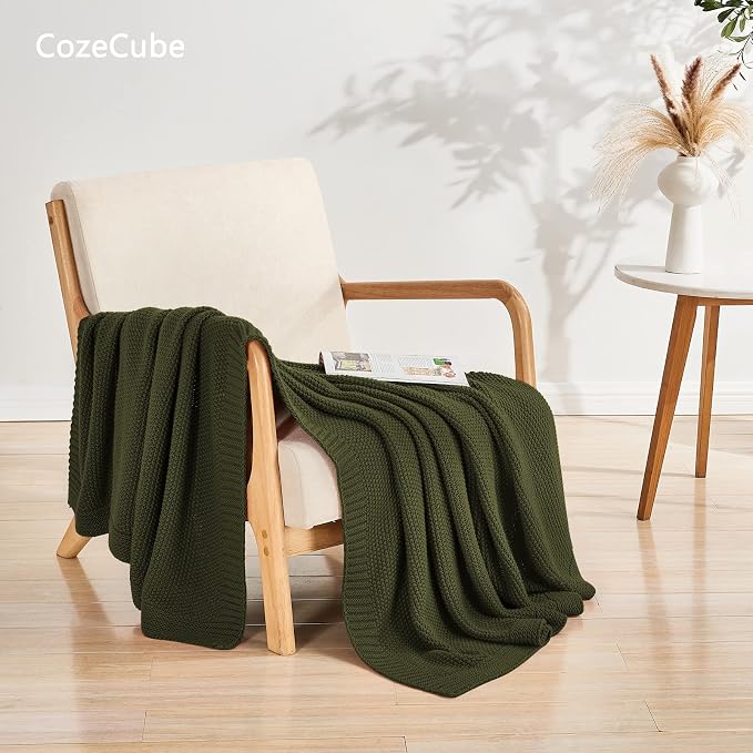 CozeCube Olive Green Seed Stitch Throw Blanket 60"x80", Farmhouse Decor | - Image 5
