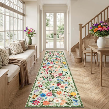 PLHXFR 2.6x14 Washable Runner Rug：Floral Indoor Kitchen Soft Carpet Green | - Image 3