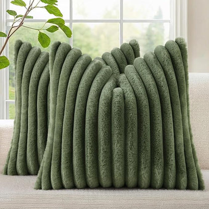 decorUhome Fall Faux Fur Throw Pillow Covers 20x20 Set of 2 Olive Green | by decorUhome
