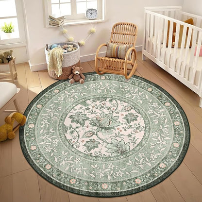 GarveeHome Sage Green Botanical Grove 4ft Round Rug, Small Circle Vintage - Image 2
