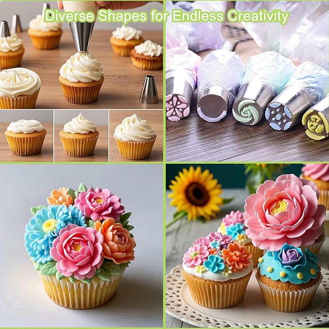 56-Piece Russian Piping Tips Set, Cake Decorating Kit with 17 Frosting Nozzles, Reusable Piping Bags, and Baking Supplies for Cupcakes, Cookies, Cakes - Idael for Bakers & Beginners