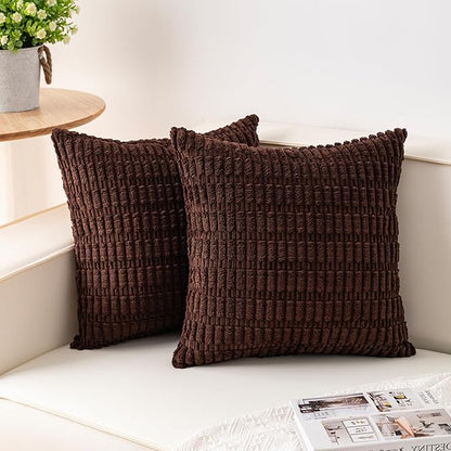 Pack of 2 Corduroy Decorative Throw Pillow Covers 24x24 Inch, Dark Brown | Fall by Unknown