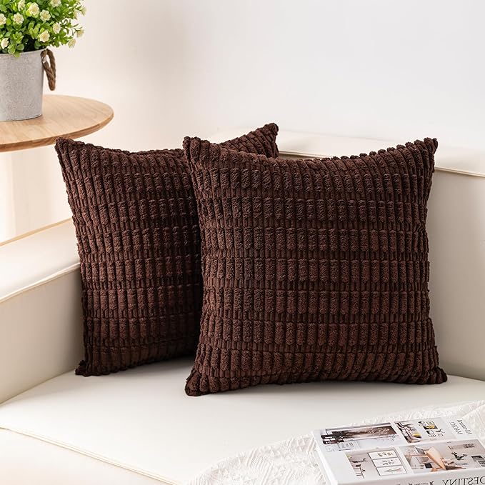 Pack of 2 Corduroy Decorative Throw Pillow Covers 20x20 Inch, Dark Brown | Fall by Unknown