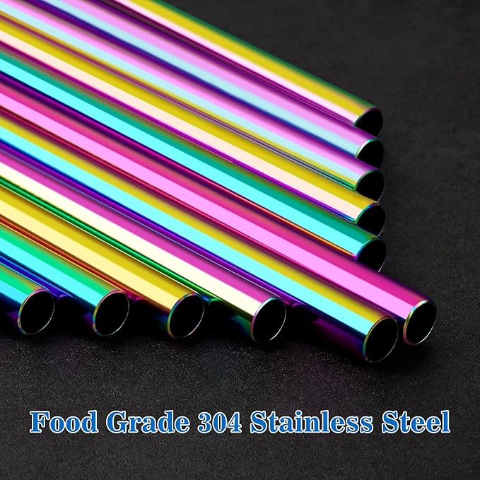 Tomorotec 11 Inch Stainless Steel Reusable Drinking Straws 14PCS & 2 Cleaning Brushes Set with Curved & Straight Designs, Compatible with 30oz Stanley Tumblers, Dishwasher Safe, BPA-Free (Metallic)