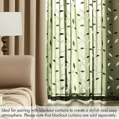 MIULEE Olive Green Sheer Curtains 2 Panels Leaf Patterned, W52 x L96 | - Image 7