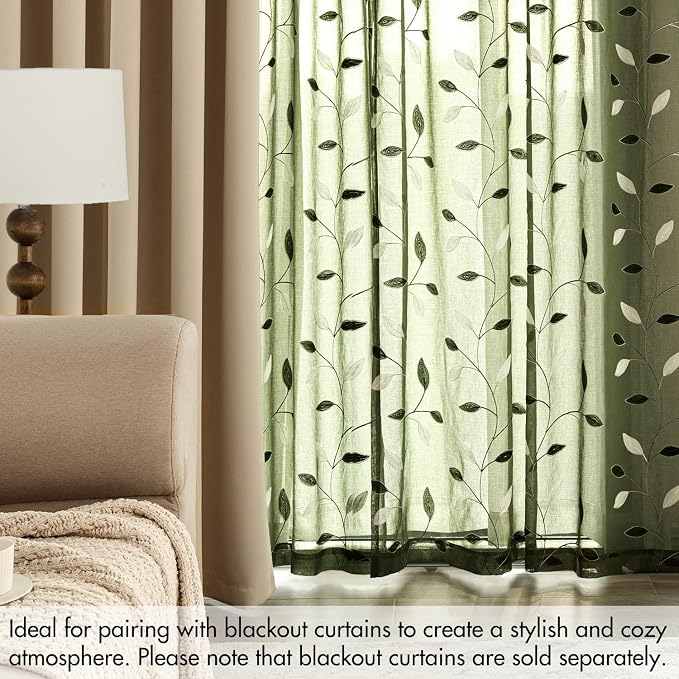 MIULEE Olive Green Sheer Curtains 2 Panels Leaf Patterned, W52 x L84 | - Image 7