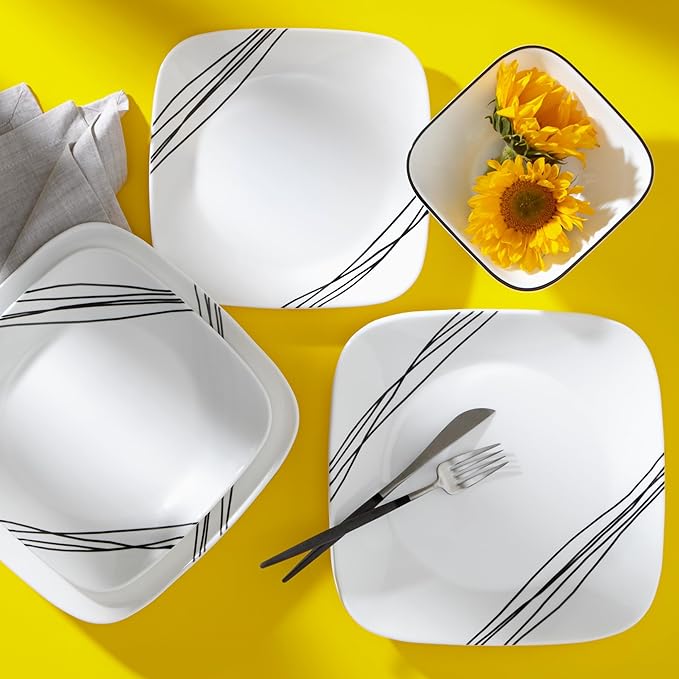 Corelle Vitrelle 18-Piece Service for 6 Dinnerware Set Triple Layer Glass and Chip Resistant, Lightweight Square Plates and Bowls Set, Simple Sketch