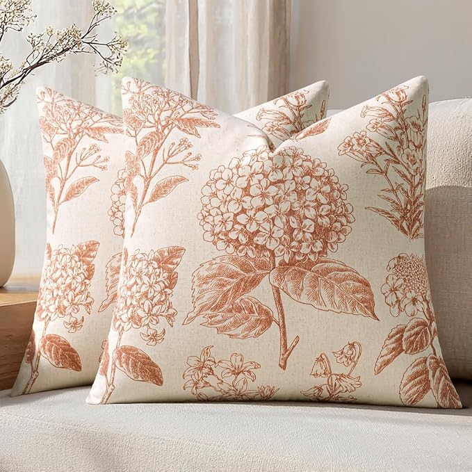Set of 2 Decorative Floral Pillow Covers 18x18 Inch Autumn Orange | Neutral by SWANCOCO