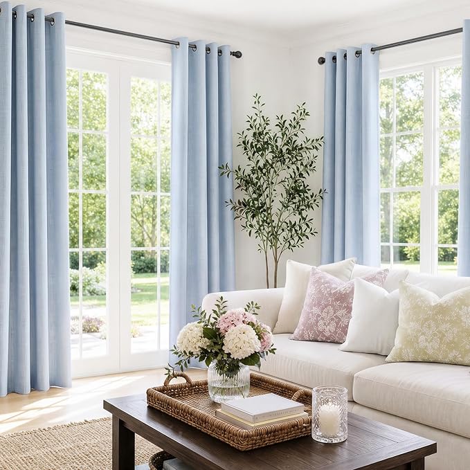 100% Blackout Linen Textured Curtains 72 Inch Long, Chambray Blue | 100% - Image 2