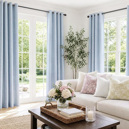 100% Blackout Linen Textured Curtains 84 Inch Long, Chambray Blue | 100% - Image 2