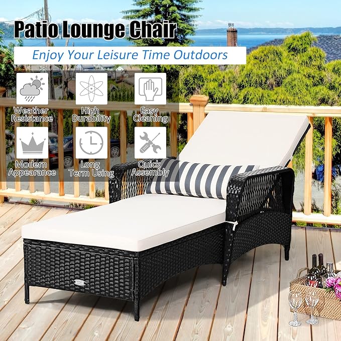 COSTWAY PE Rattan Chaise Lounge Chair Armrest Recliner Adjustable Pillow Black - Image 6