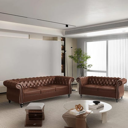 ORRD 2 Piece Living Room Set, Chesterfield Leather Sofa Loveseat Couch - Image 2