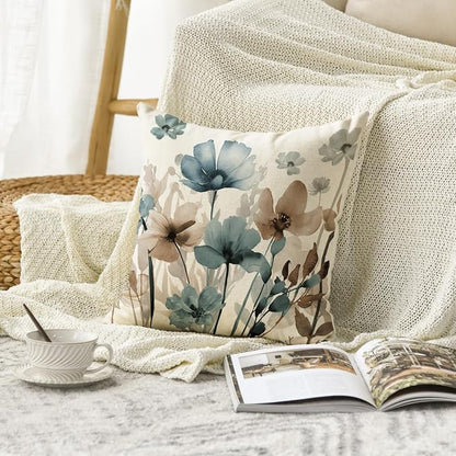 AVOIN colorlife Poppy Flowers Blue Brown Throw Pillow Cover 18x18 Inch | - Image 2