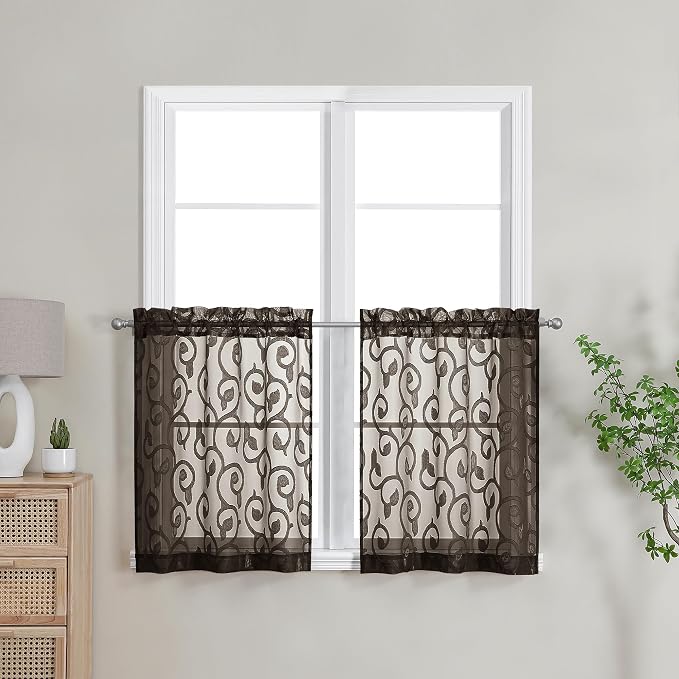 Furman Sheer Curtains Chocolate 24 Inch Length 2 Panels Set, Elegant Geometric by OWENIE