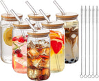 6pcs Set-16oz, Glass Cups with Bamboo Lids and Glass Straw - Beer Can Shaped,CuteTumbler Cup,Soda,deal for Cocktail,Iced Coffee Cups,6 Cleaning Brushes glass cups with lids and straws