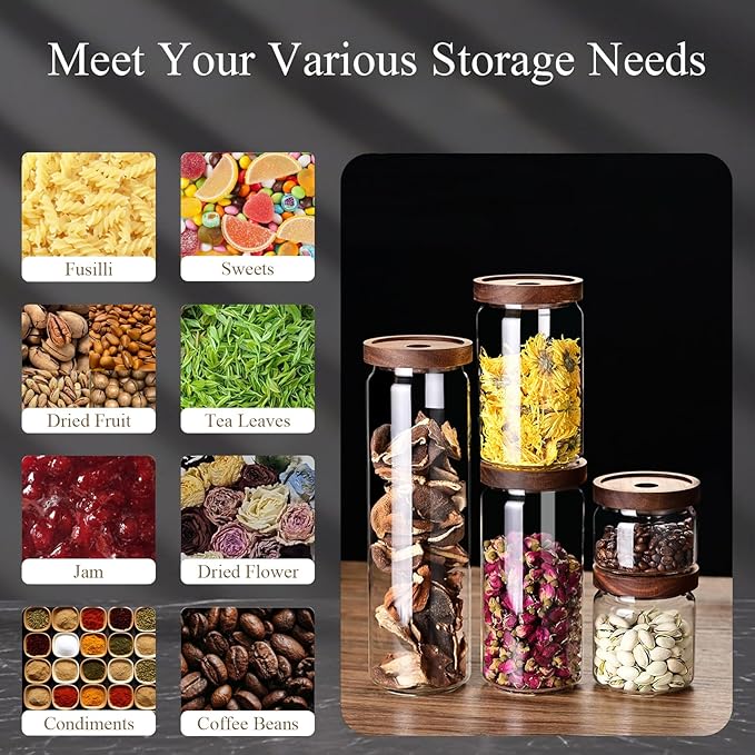 Glass Jars with Airtight Wood Lids - 25 oz Small Kitchen and Pantry Storage Containers, Canisters for Chia Seed, Ground Coffee, Sugar, Spice, Salt, Salad, Matcha, Set of 2