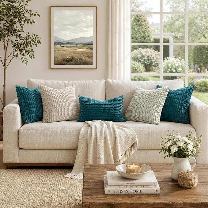 MIULEE Euro Sham Corduroy Decorative Throw Pillow Covers 24x24 Teal | Pack of 2 - Image 5