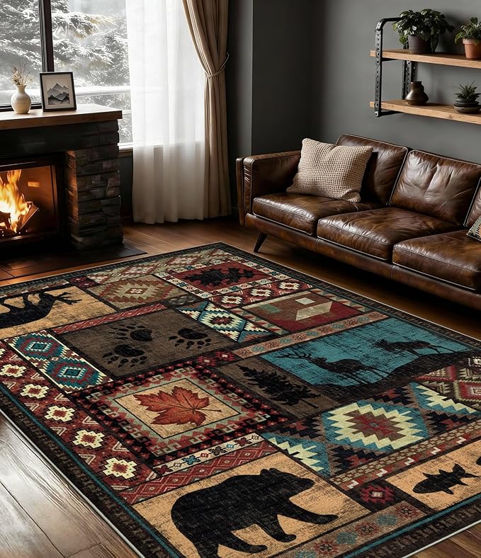 Rustic Cabin Area Rug 5x7, Machine Washable Lodge Bear Rug, Non-Slip Low Pile by YIHOUSE