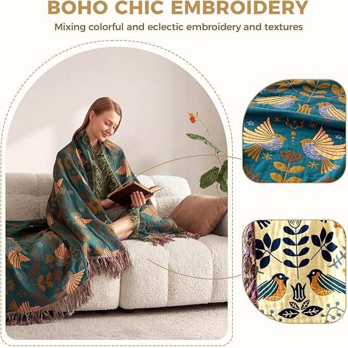 LUTBM Queen Throw Blanket for Bed 100% Cotton Boho Soft Quilt Birds and Floral - Image 4