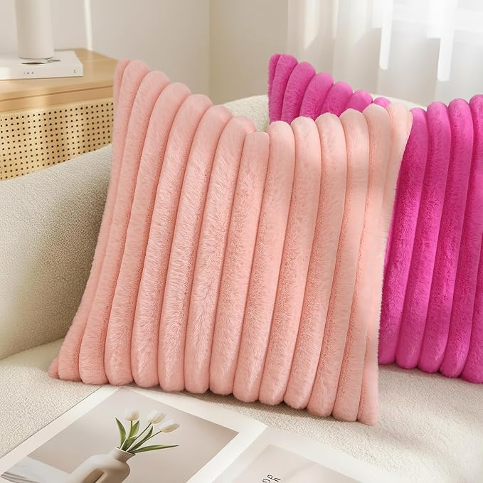 decorUhome Fall Faux Fur Throw Pillow Covers 18x18 Set of 2 Hot Pink | - Image 4
