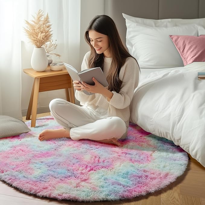 Rainbow Round Area Rug 4ft, Soft Bedroom Circle Rugs Mats - Image 6